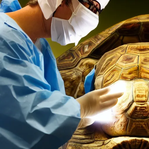 Prompt: doctor examining a tortoise under operating room lights, closeup wide angle