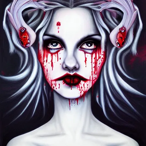 Prompt: a hyperrealistic painting of a beautiful gothic princess crying tears of blood, by Tara McPherson, vivid color, highly detailed,