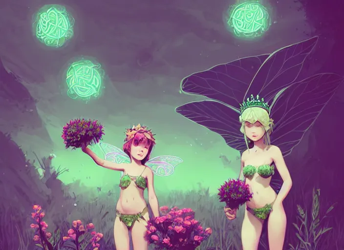 Image similar to two cute fairy girls playing with crown of flowers in plants bikini covered with celtic rune tattoos, fantasy, by atey ghailan, by greg rutkowski, by greg tocchini, by james gilleard, by joe gb fenton, by in kaethe butcher, dynamic lighting, gradient light green, brown, blonde cream and white color in scheme, grunge aesthetic
