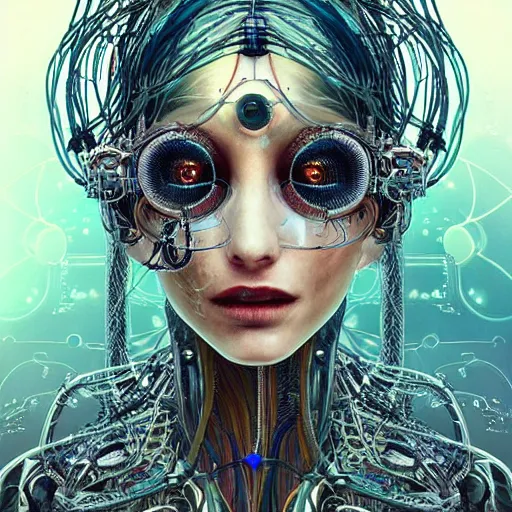 Prompt: beautifully stunning biopunk woman_integrating_with_technology_full_face_insipiring_detailed_intricate_ornate_cables_connected_to_head_big_open_electric_eyes_ the_singulairty is now rendered in unreal by android jones