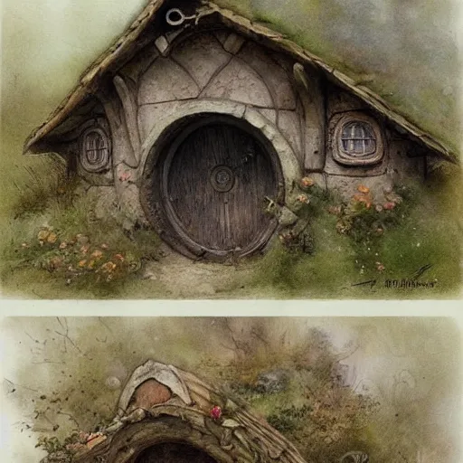 Prompt: hobbit house. muted colors. by Jean-Baptiste Monge style of Jean-Baptiste Monge painted by Jean-Baptiste Monge in art book of Jean-Baptiste Monge, art by Jean-Baptiste Monge, drawings by Jean-Baptiste Monge, paintings by Jean-Baptiste Monge