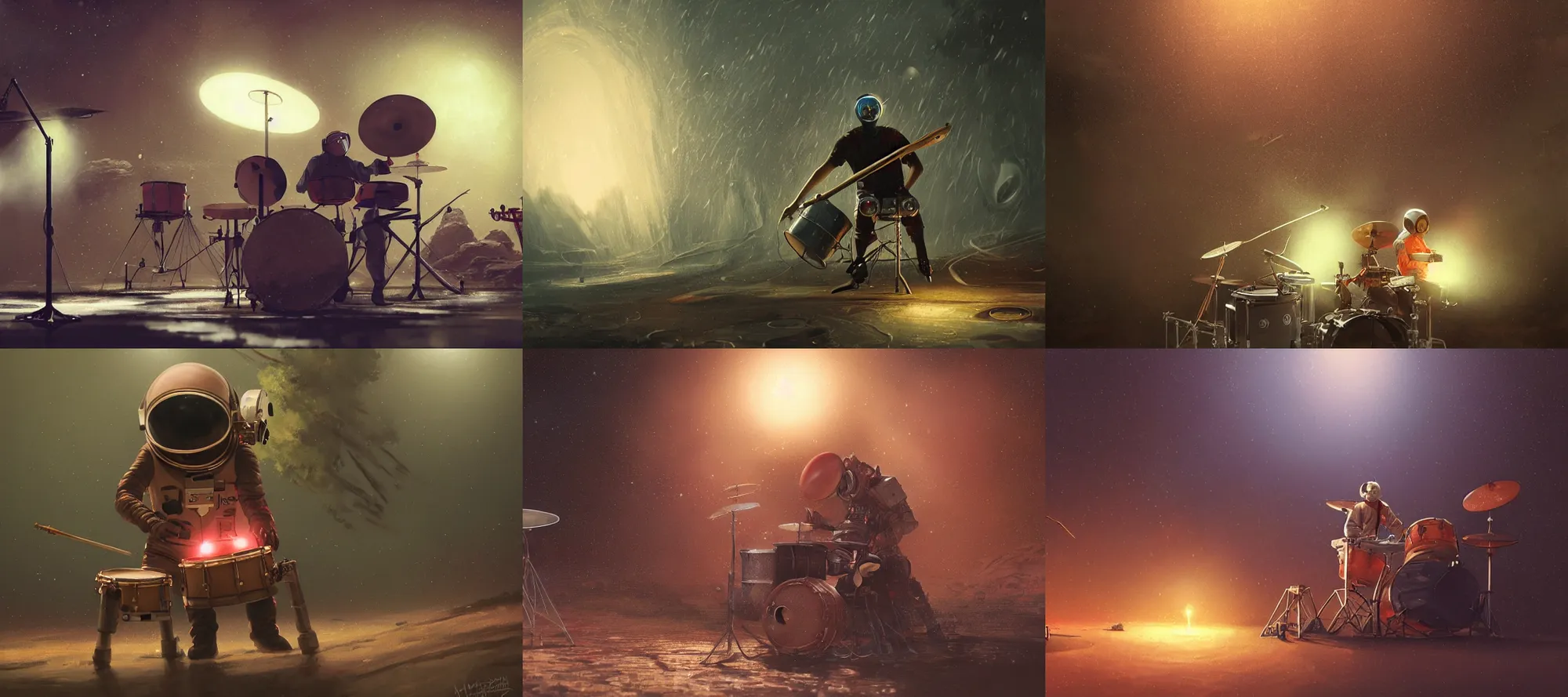 Prompt: a martian astronaut outside his habitat playing the drums, raining, , fantasy, cinematic lighting, highly detailed, digital painting, artstation, concept art, smooth, sharp focus, illustration, volumetric lighting, 8k, art by Akihiko Yoshida, Greg Rutkowski