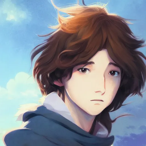 Image similar to portrait of an anime teen boy with long fluffy brown hair, blue eyes. white background. digital art, stylized, by rossdraws, ghibli, greg rutkowski
