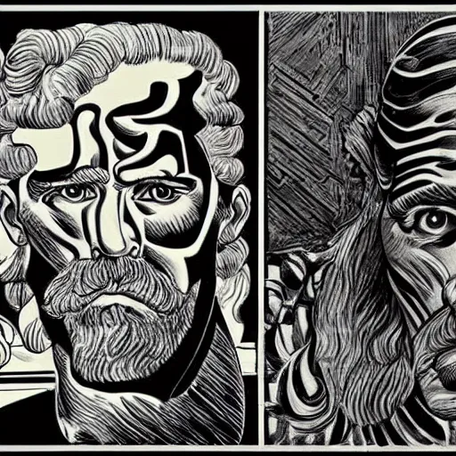 Image similar to portrait of zeus, mash - up between mc escher and vincent van gogh, marvel comics style