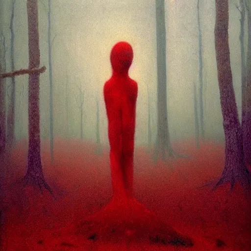 Image similar to “ tall figure in the woods, beksinski, dark, scary, red ”