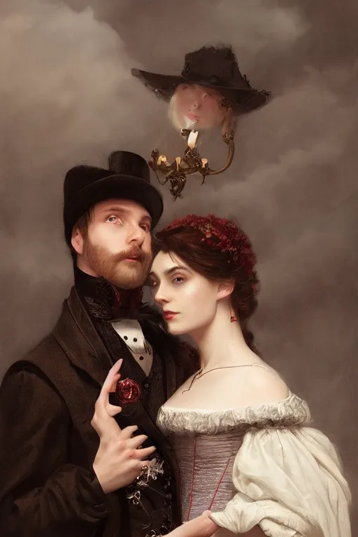 Prompt: a portrait of handsome young evil male Satan and his elegant beautiful wife, bored, Dressed in Victorian fashions, illustration, soft lighting, soft details, painting oil on canvas, octane render, HDR, 4k, 8k, HD, by Edmund Blair Leighton, Brom, Charlie Bowater, trending on artstation,