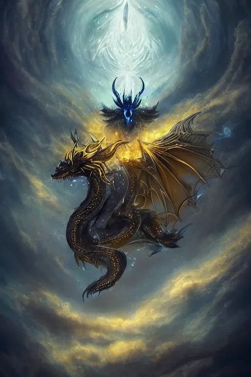 Prompt: a fantasy black dragon constellation with straight lines of light and petals flying, a halo around its head, bright blue eyes and intricate golden horns, in a galaxy of white clouds and constellations, by Anato Finnstark and Seb Mckinnon, fantasy art, trending on Artstation