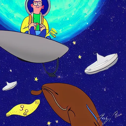 Image similar to Bojack Horseman riding a whale in space, digital art, Bojack Horseman