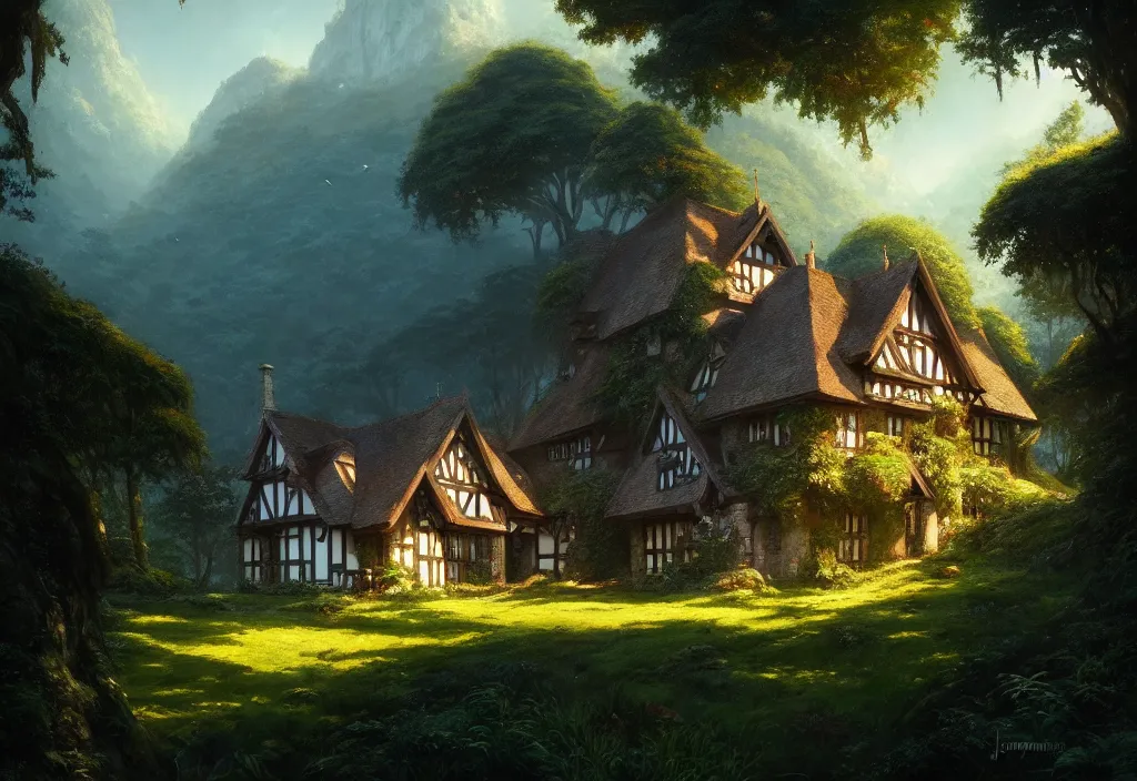 Image similar to a tudor house on a hillside surrounded by jungle, blue sky, cinematic view, detailed architecture, concept art, high detail, well lit, volumetric, godrays, vivid, trending on artstation, by jordan grimmer, art greg rutkowski
