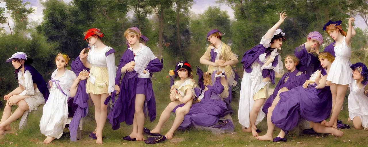Image similar to A character sheet of full body cute magical girls with short blond hair wearing an oversized purple Beret, Baggy Purple overall shorts, Short Puffy pants made of silk, pointy jester shoes, a big billowy scarf, Golden Ribbon, and white leggings Covered in stars. Short Hair. Sunlit. Haute Couture.Art by william-adolphe bouguereau and Paul Delaroche and Alexandre Cabanel and Lawrence Alma-Tadema. Smooth. Elegant. Highly Detailed. Intricate. 4K. UHD. Denoise.