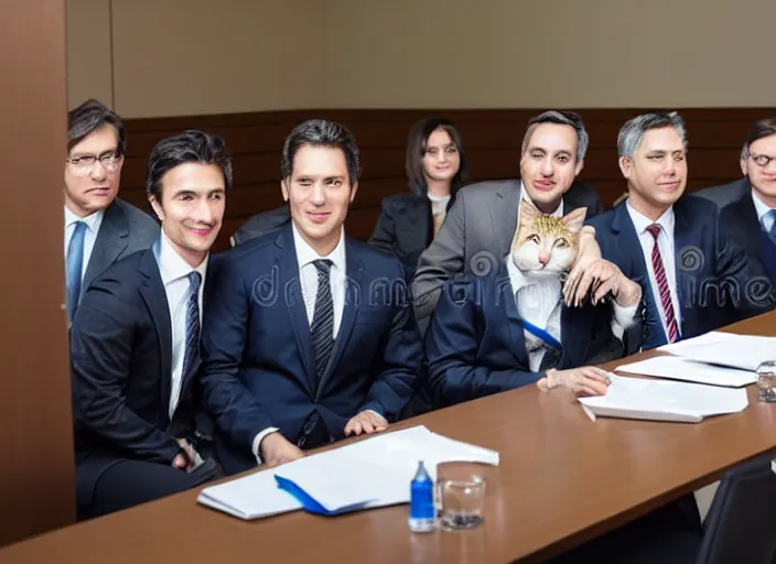 Image similar to photo of cats dressed in suits attending a board meeting. Highly detailed 8k. Intricate. Sony a7r iv 55mm. Stock photo.