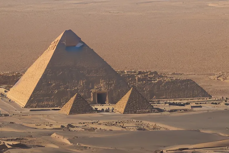 Image similar to The Louvre Pyramid, built in the Egyptian desert, designed by I.M. Pei, with the Pyramid of Khufu and the Great Sphinx of Giza in the background.