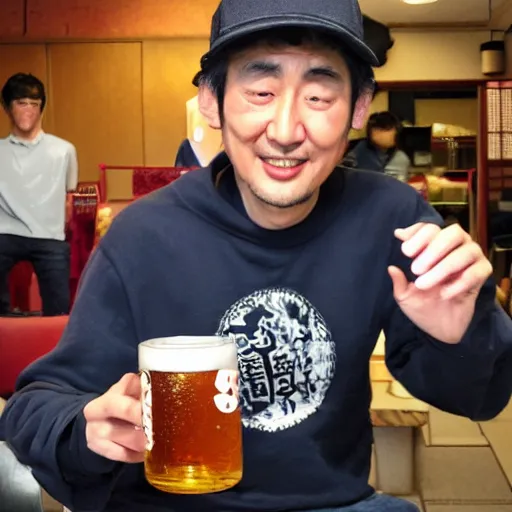 Prompt: real photo of japanese video game designer zun drinking a single beer