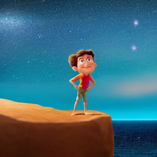 Prompt: young man looking over a cliff at the sea with wind in his hair. pixar animated style. there are stars and galaxies glowing beautifully in the sky.