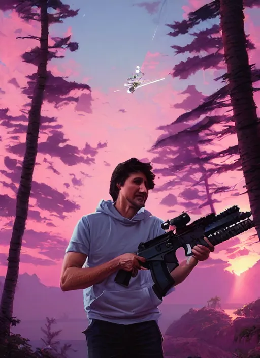 Image similar to highly detailed portrait justin trudeau in ( ( pink hoody ) ) holding ar - 1 5! ( setting costa rica ) in gta v stephen bliss unreal engine fantasy art by greg rutkowski loish rhads ferdinand knab makoto shinkai lois van baarle ilya kuvshinov rossdraws tom bagshaw global illumination radiant light detailed intricate environment