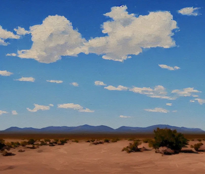 Image similar to a very detailed painting of one billboard in the empty desert, baby blue sky with very aesthetic stylized clouds, in the style of edward hopper, very small brushstrokes, 4 k,