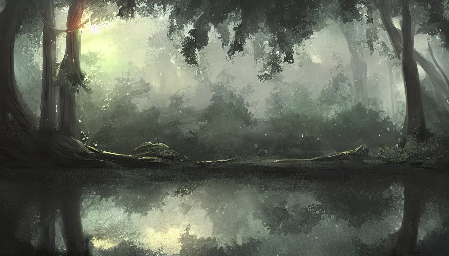 Prompt: rainy forest with an island in a pond, holy glowing sword stuck in island, moody high exposure, digital painting, concept art, photoshop speedpaint