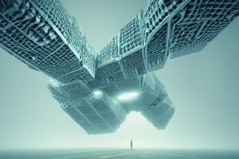 Prompt: a spaceship moving through a foggy complex organic fractal 3 d ceramic megastructure, cinematic shot, photo still from movie by denis villeneuve