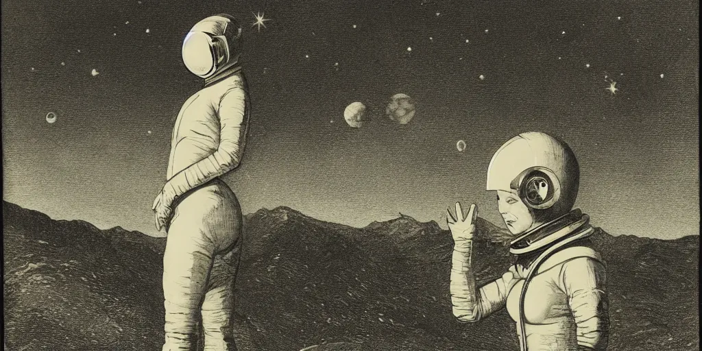 Image similar to portrait of a slim woman wearing a space helmet on an alien planet, clouds visible, stars in the sky, mountains, etching, in the style of Goya