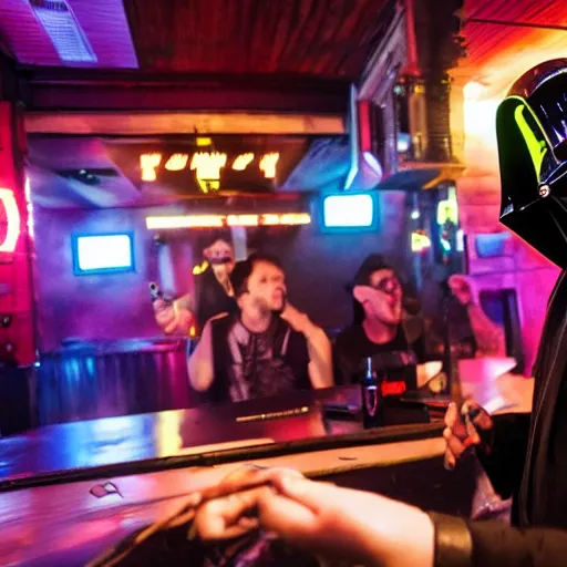 Image similar to darth punk singing singing karaoke in a rundown cyberpunk bar