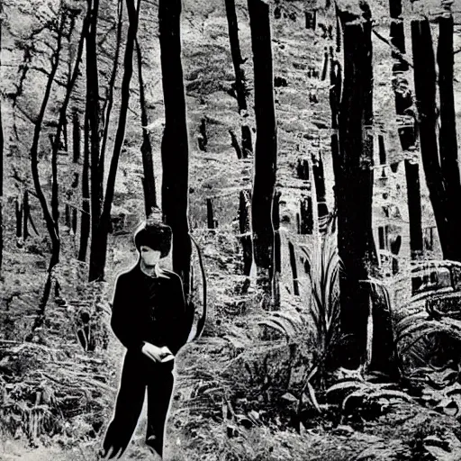 Image similar to beatnik standing in forest, style of andy warhol