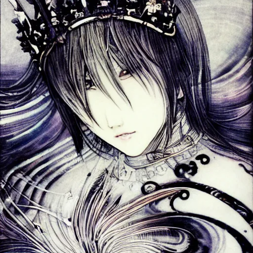 Image similar to yoshitaka amano blurred and dreamy illustration of an anime girl with black eyes, wavy white hair fluttering in the wind wearing elden ring armor and crown with engraving, abstract black and white patterns on the background, noisy film grain effect, highly detailed, art by shigenori soejima, renaissance oil painting, weird portrait angle, blurred lost edges, three quarter view