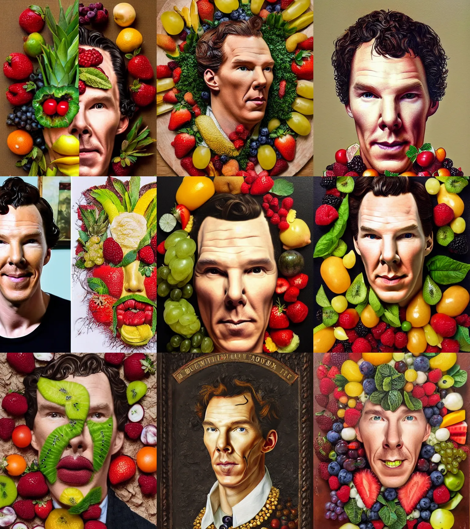 Prompt: benedict cumberbatch made with fruits, oil painting by giuseppe arcimboldo