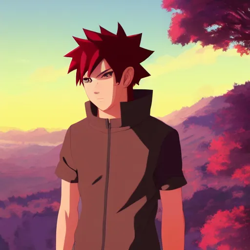 Prompt: red haired teen boy, standing a five kage summit, konohagakure in the background, naruto leaf village, digital painting, artstation, highly detailed, by makoto shinkai and thomas kindle and James gilleard