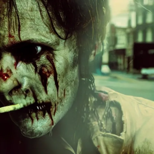 Prompt: horrific cinematic image of zombie smoking a cigarette