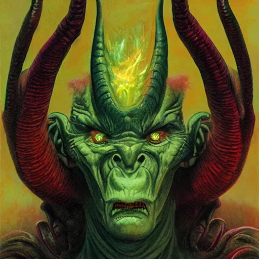 Prompt: realistic alien, medium shot portrait, devil horns, green head. red eyes,!!! human eyes!!!, background flames, by wayne barlowe