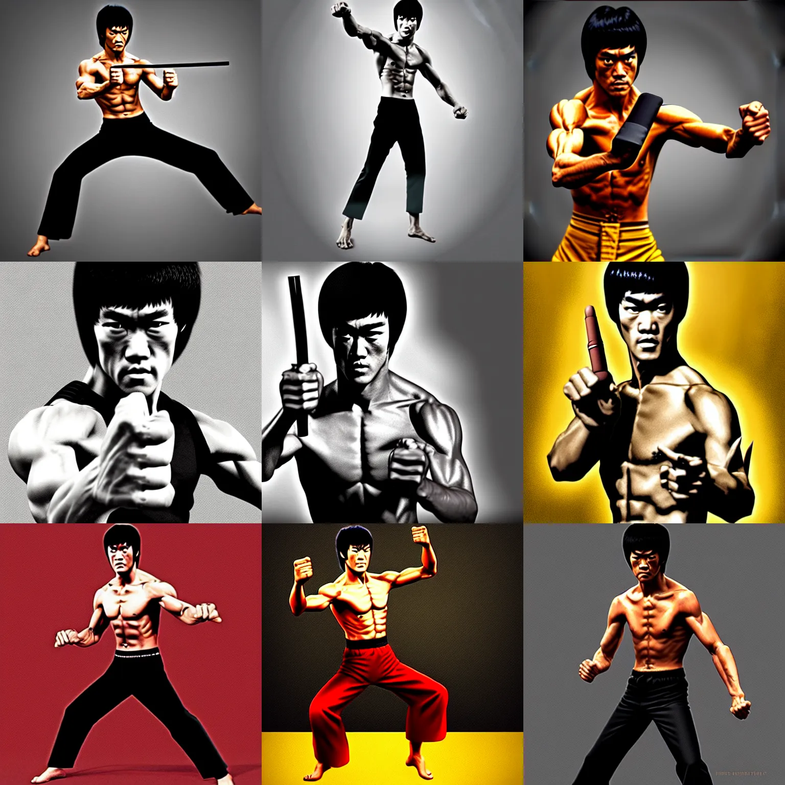 Prompt: bruce lee with four arms and holding two nunchucks, hyperrealism, artstation, 4 k