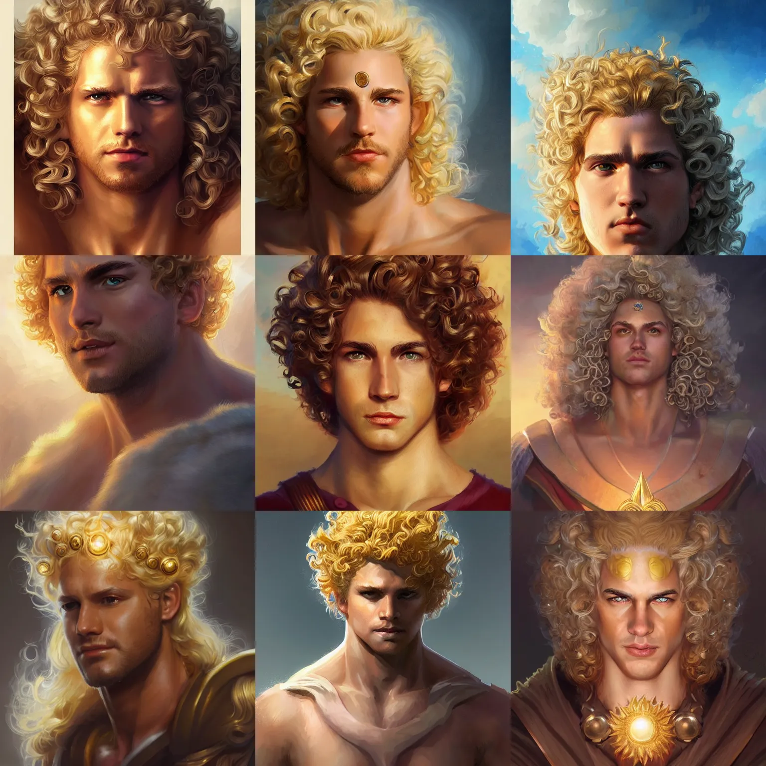 Prompt: apollo, sun god, blonde, curly hair, d & d, fantasy, portrait, highly detailed, headshot, digital painting, trending on artstation, concept art, sharp focus, illustration, art by artgerm and greg rutkowski and magali villeneuve