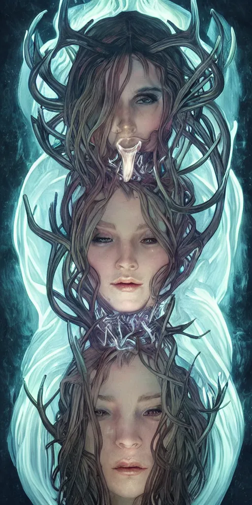 Image similar to intense bioluminescent glowing pagan god with antlers and tusks and pure black eyes in very dark forest by artgerm and alphonse mucha, portrait, fantasy, clear, light beams, lens flare, intense, uhd, amazing depth, cinematic lighting