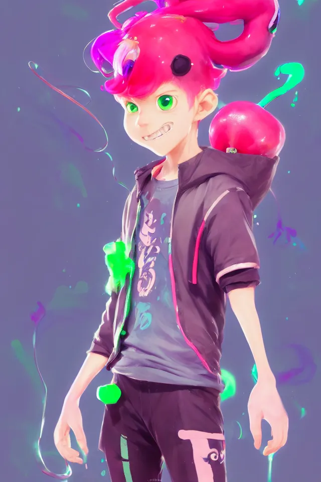 Image similar to a beautiful fullbody portrait of a cute splatoon anime boy with pink hair and green eyes wearing sports clothing tight leggings. character design by cory loftis, fenghua zhong, ryohei hase, ismail inceoglu and ruan jia. artstation, volumetric light, detailed, photorealistic, fantasy, rendered in octane