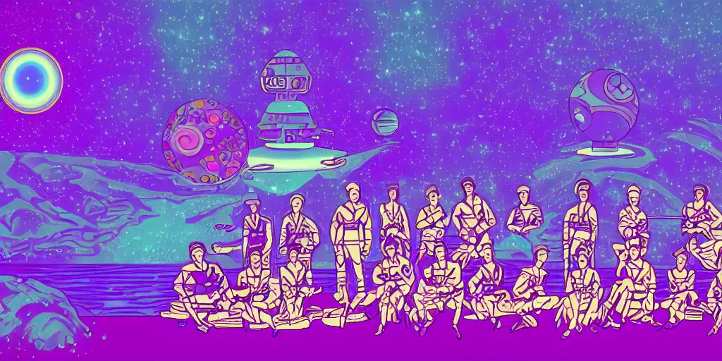 Image similar to twelve astronauts sitting by the river with a big holiday cake + psychedelic vegetation + purple, pink, blue + planets and stars + mystical fog, vintage sci - fi style of the 5 0 s, rule of the third!!!!, line graphics, 8 k, super detail, high quality