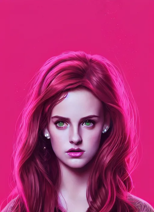 Prompt: full body portrait of teenage cheryl blossom, bangs, green eyes, sultry expression, red hair, sultry smirk, bangs and wavy hair, pink shirt, intricate, elegant, glowing lights, highly detailed, digital painting, artstation, concept art, smooth, sharp focus, illustration, art by wlop, mars ravelo and greg rutkowski