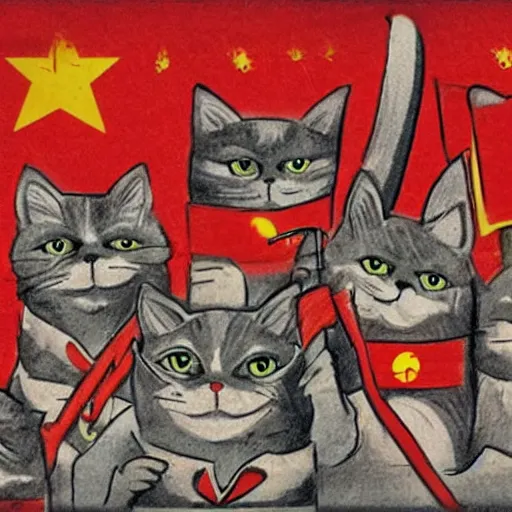 Image similar to riot of communist cats drawn as communist propaganda