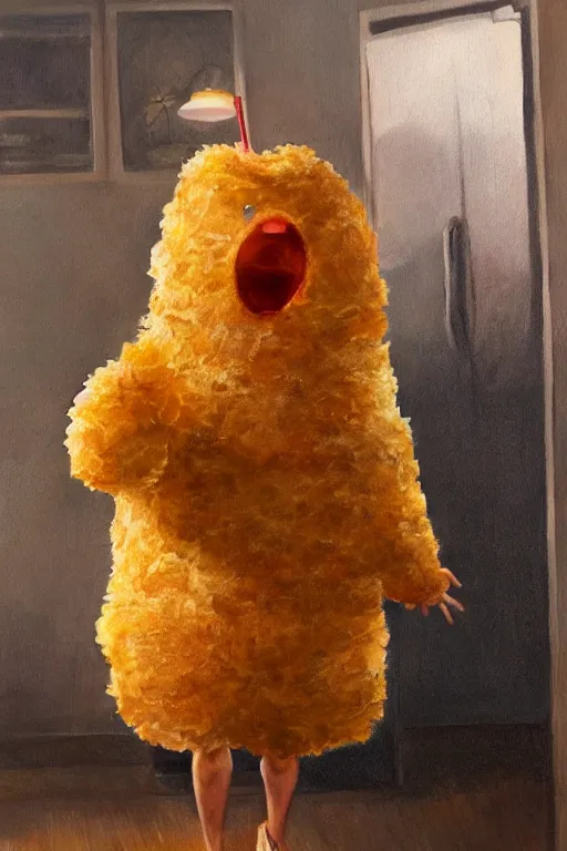 Image similar to channing tatum wearing a tater tot costume, oil on canvas, intricate, 8 k highly professionally detailed, hdr, cgsociety