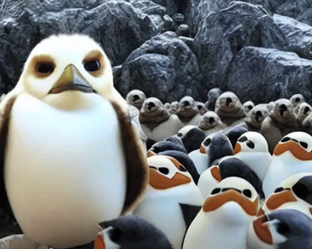 Prompt: Mark Hamill as Luke Skywalker standing with a flock of 10,100 Porgs.