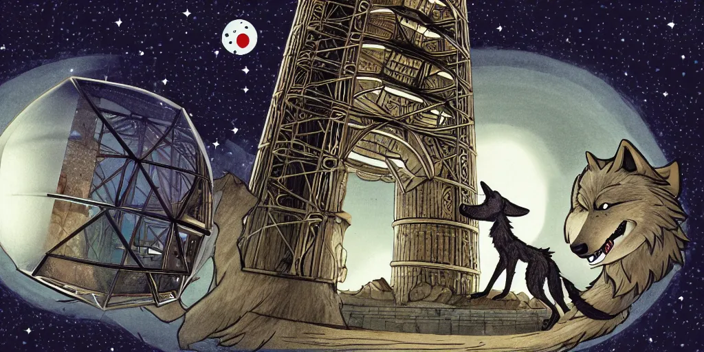 Prompt: anthropomorphic furry wolf inside a giant automaton tower that tracks the stars, illustration