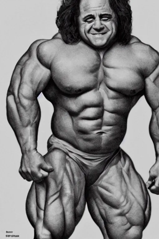 Image similar to muscular danny devito, danny devito bodybuilder, photorealistic, highly detailed,