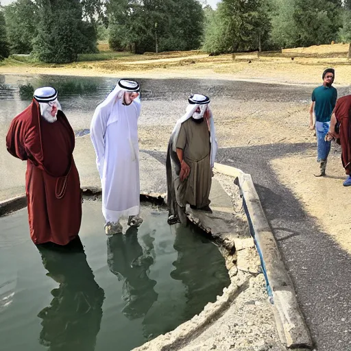 Image similar to Middle eastern wise men visit a fish hatchery in the rural countryside. Realistic, photographic quality.