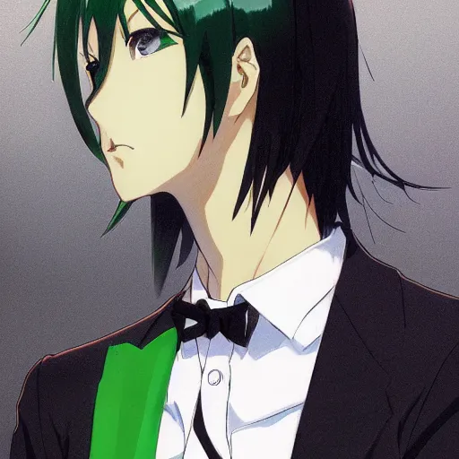 Image similar to full body portrait character concept art, anime key visual of decadent green long straight hair young anime male in black suit, green long straight hair and brown eyes, finely detailed perfect face studio lighting delicate features directed gaze, gapmoe kuudere grimdark, trending on pixiv fanbox, painted by greg rutkowski makoto shinkai takashi takeuchi studio ghibli