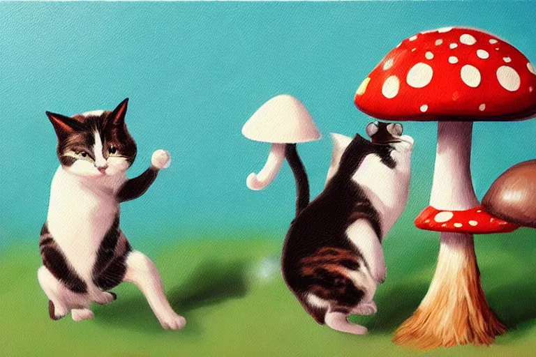 Image similar to a high detail paint of Two cats dancing with a mushroom, in simple background, concept art, mad painting