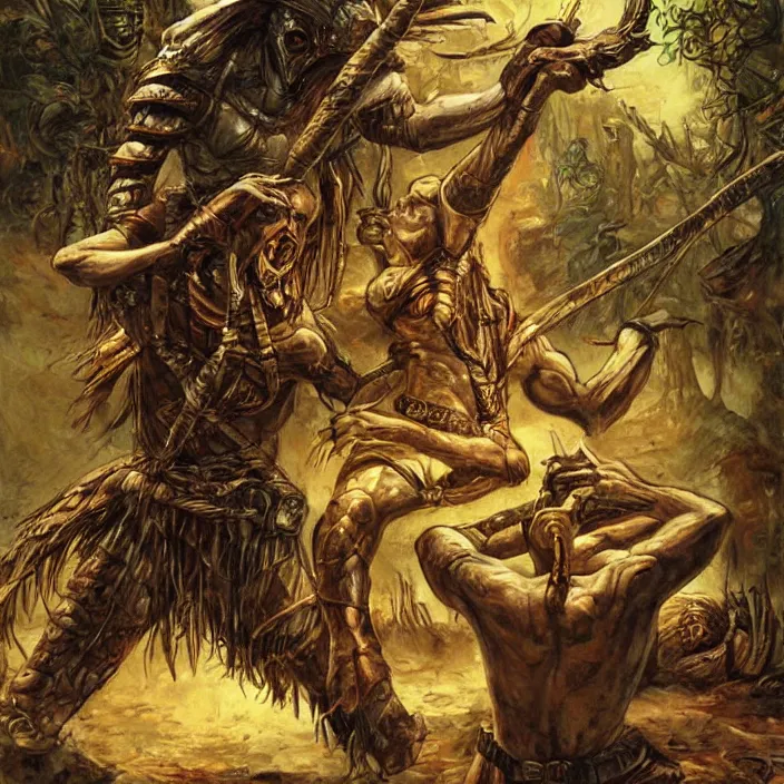 Prompt: The mummy touches the warrior's head , in jungle, old school dungeons and dragons art,