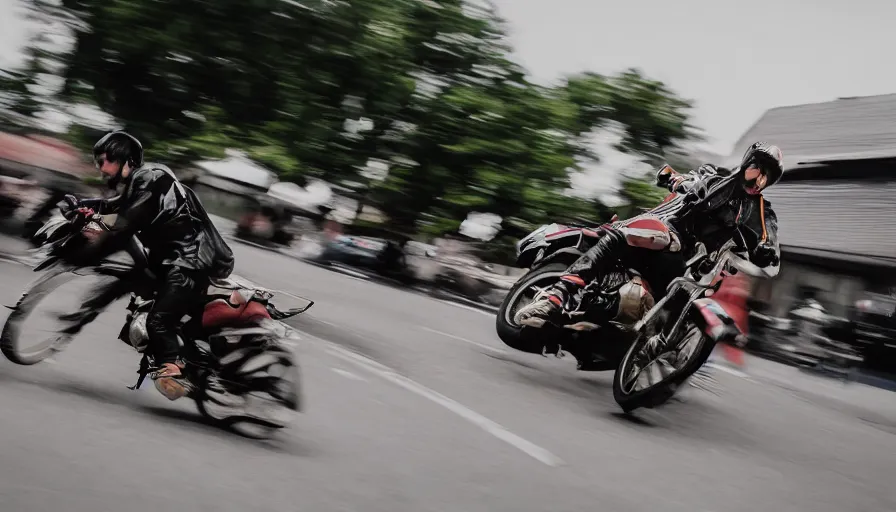 Prompt: a man sent flying off a motorbike , motion blur