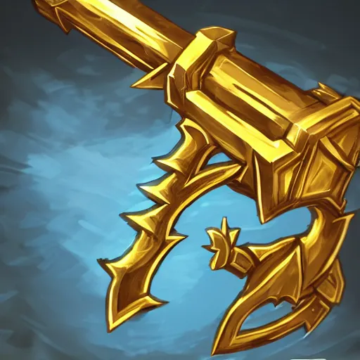 Image similar to a magical golden weapon, d & d, league of legends, concept art, blue background, dramatic lighting. realistic - h 7 6 8