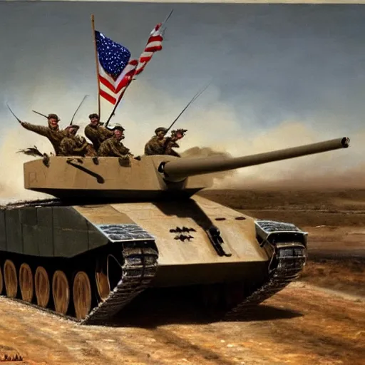Image similar to George H.W. Bush rides in a tank leading his army against Iraq, oil on canvas, 1883