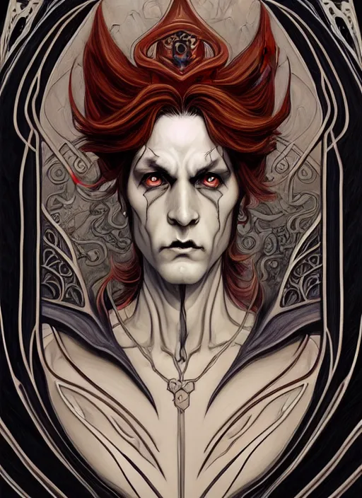 Image similar to an art nouveau, evil dragon man portrait in the style of charlie bowater, and in the style of donato giancola, and in the style of charles dulac. very large, clear, expressive, intelligent eyes. symmetrical, centered, ultrasharp focus, dramatic lighting, photorealistic digital painting, intricate ultra detailed background.