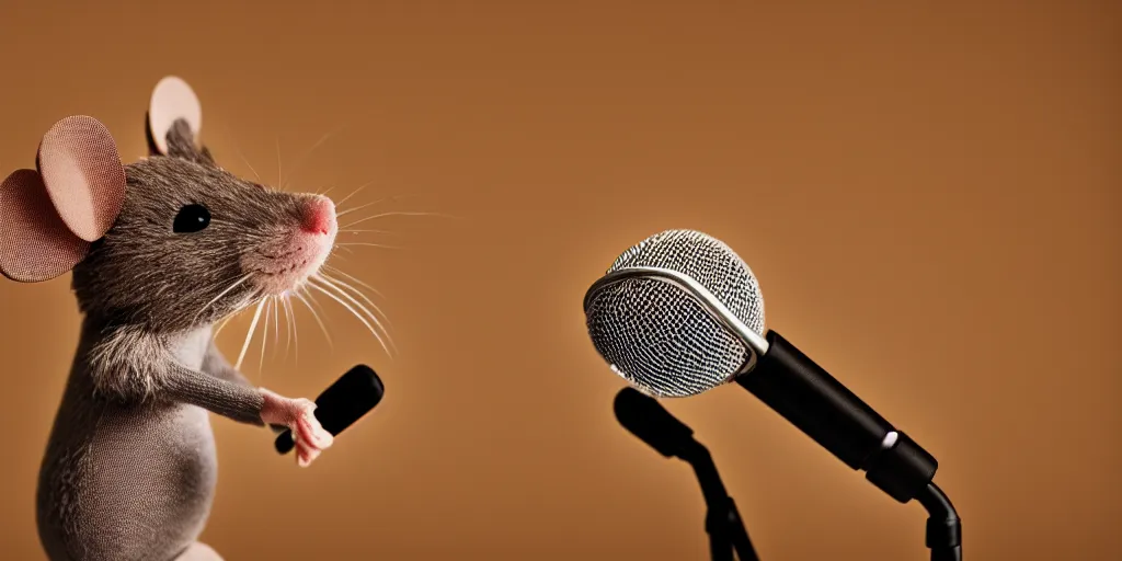 Image similar to a mouse singing with a microphone in it's hands'macro photography, studio light